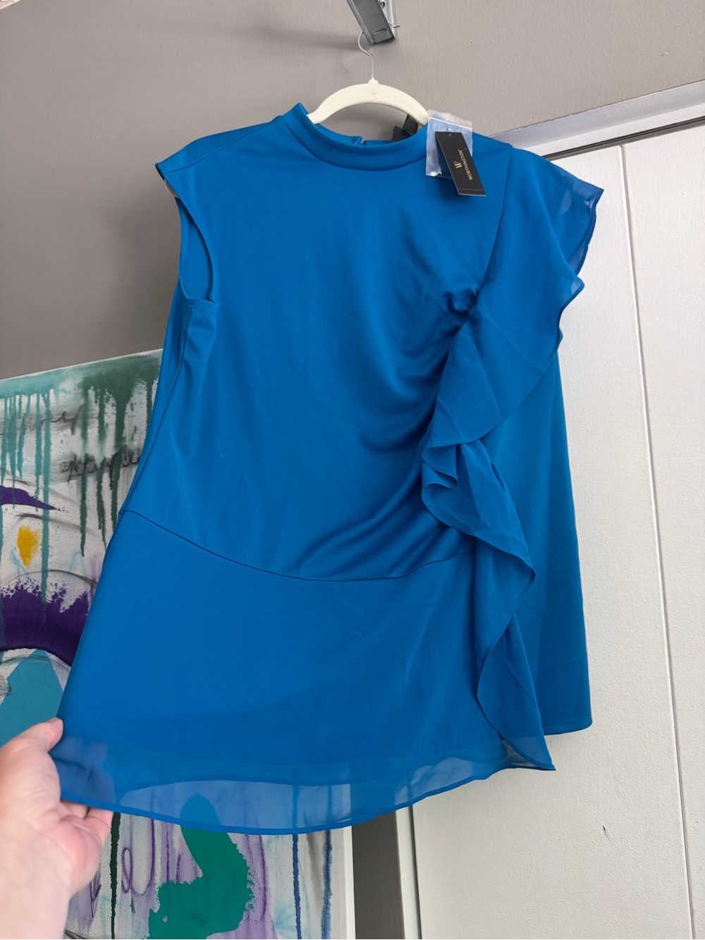 NWT Worthington Royal Blue Mock Neck Ruffle Blouse Top L Asymmetrical Stretch - Picture 3 of 8